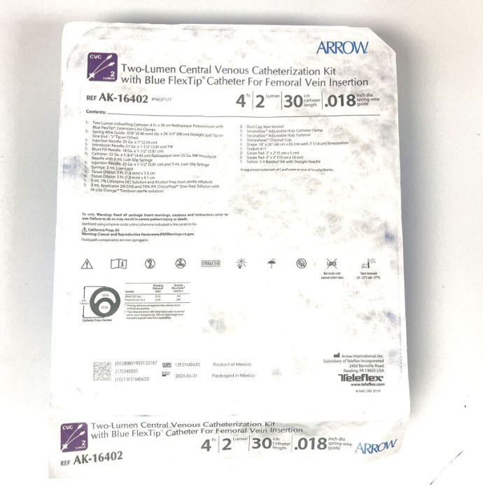 ARROW AK-16402 Two-Lumen Central Venous Catheterization Kit w Blue FlexTip Catheter for Femoral Vein Insertion EXP 2024 05