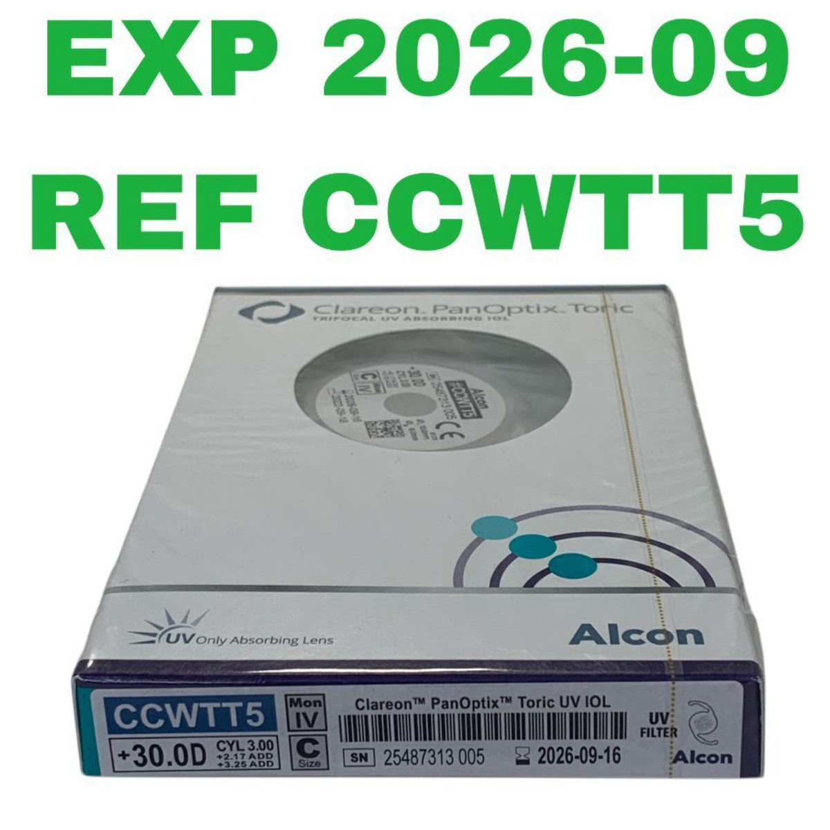 ALCON CCWTT5 Clareon PanOptix Toric Trifocal UV Absorbing IOL +30.0D CYL 3.00 Exp 2026 09