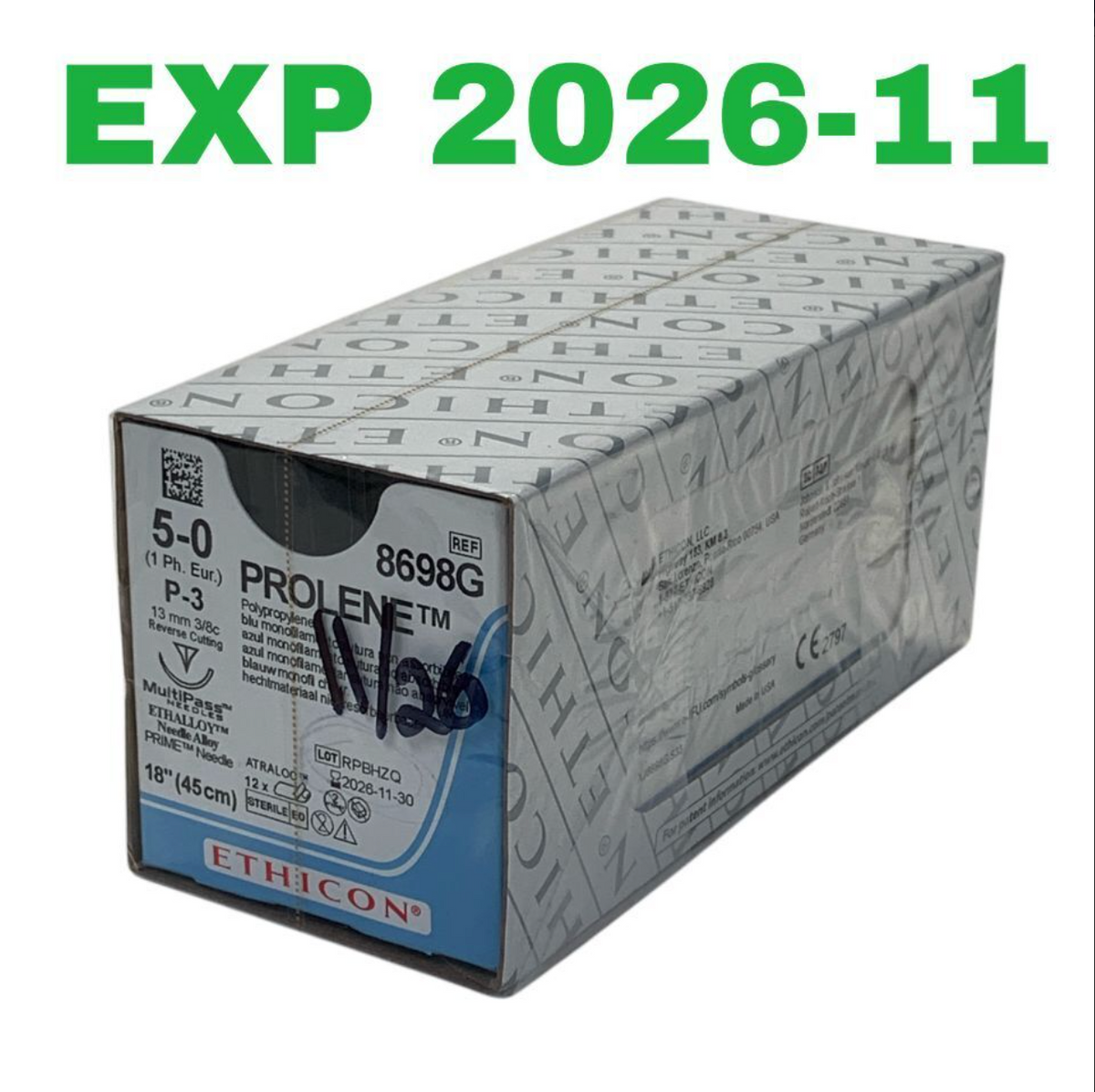 ETHICON 8698G Prolene Polypropylene 5-0 Suture P-3 13mm 3/8c Reverse Cutting 18" 45cm (Box of 12) EXP 2026 11