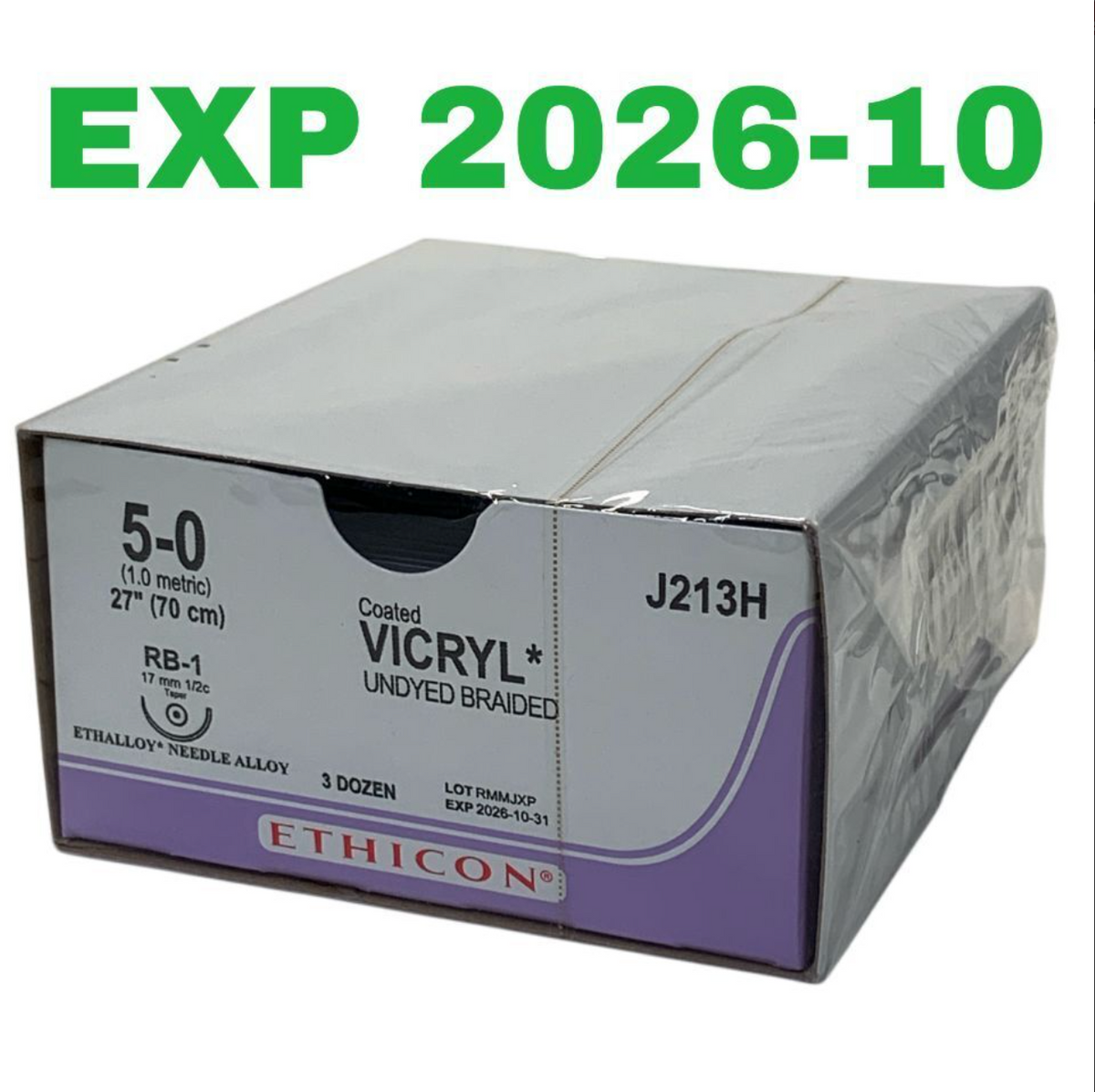 ETHICON J213H Coated VICRYL Undyed Braided 5-0 Suture RB-1 17mm Needle 3 Dozen Box Exp 2026 10