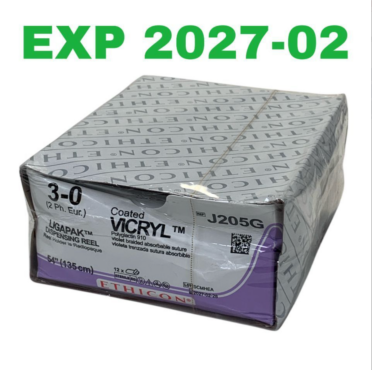 ETHICON J205G VICRYL Polyglactin 910 3-0 Suture Ligapak Dispensing Reel 54" 135cm Box of 12 Exp 2027 02