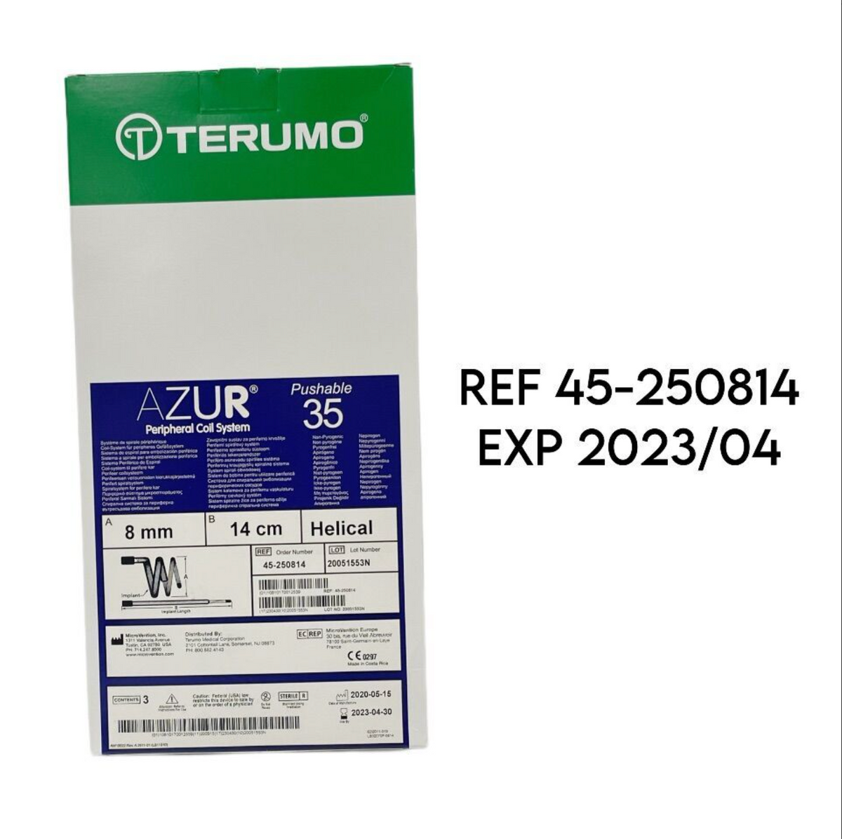 TERUMO 45-250814 AZUR PUSHABLE 35P HELICAL HYDROCOIL EMBOLIZATION 8MM/14CM EXP 2023 04