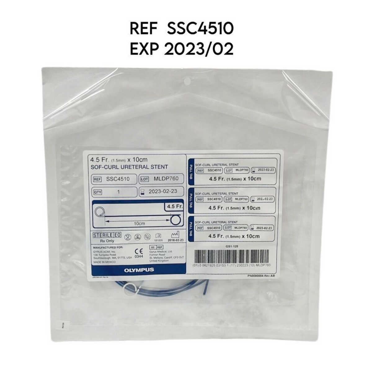 OLYMPUS SSC4510 SOF-CURL URETERAL STENT 4.5 Fr. (1.5mm) X 10cm EXP 2023 02
