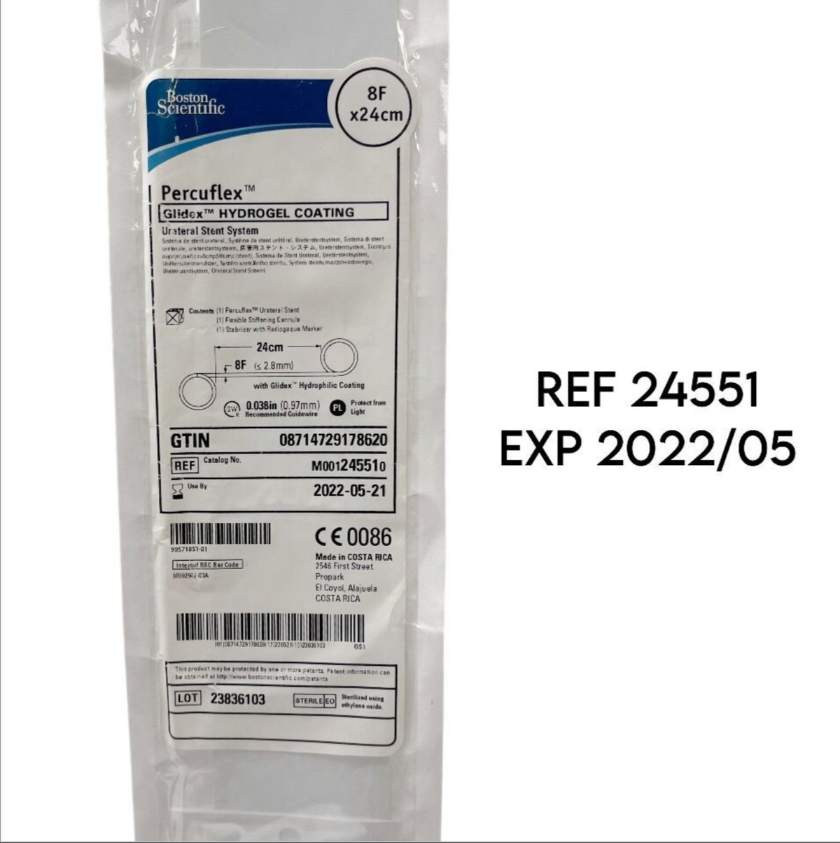 BOSTON SCIENTIFIC 24551 Percuflex Glide HYDROGEL COATING Ureteral Stent System 8F EXP 2022 05
