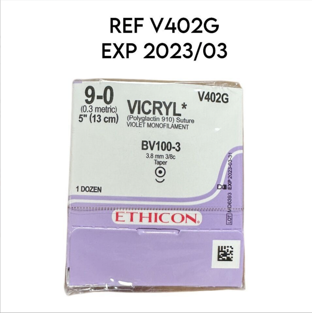 ETHICON V402G VICRYL (Polyglactin 910) Suture VIOLET MONOFILAMENT 9-0 (0.3 metric) 5" (13 cm) 12/BOX EXP 2023 03