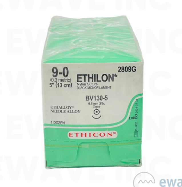 ETHICON 2809 ETHILON Nylon Suture 9-0 (0.3 metric) 5" (13 cm), BV130-5 EXP 2024 07