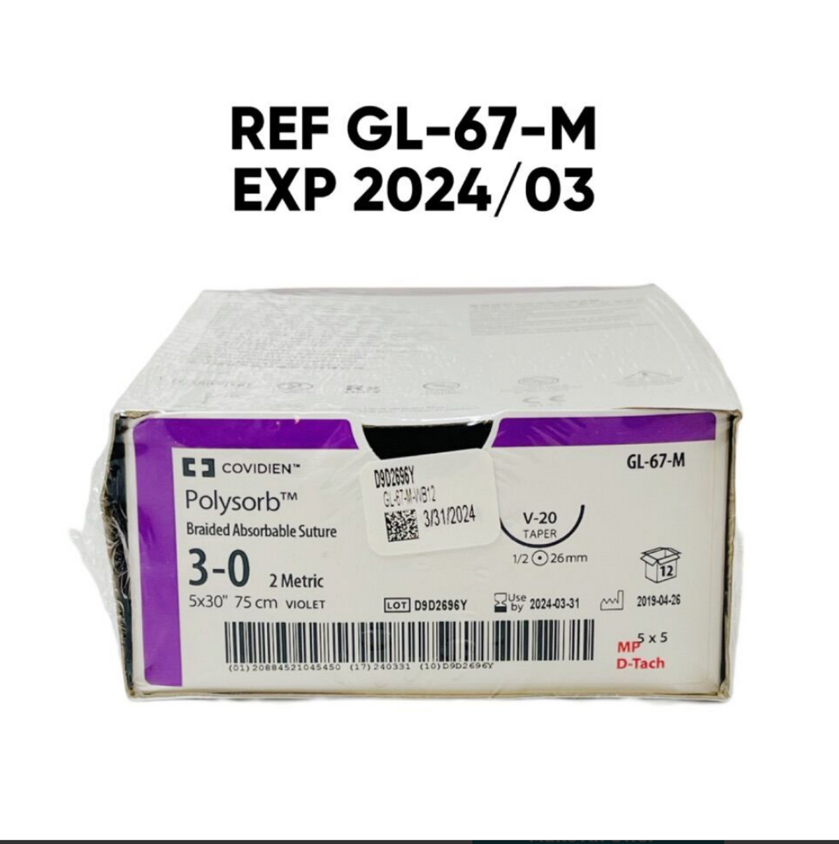 COVIDIEN GL-67-M Polysorb Braided Absorbable Suture 3-0 2 Metric 5x30" 75 cm VIOLET V-20 TAPER EXP 2024 03