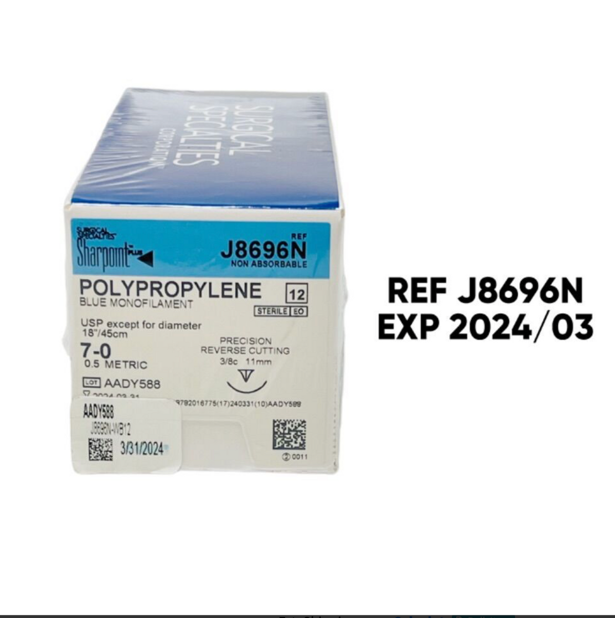 SURGICAL SPECIALTIES J8696N SHARPOINT PLUS POLYPROPYLENE BLUE MONOFILAMENT SUTURE 7-0 0.5 METRIC EXP 2024 03