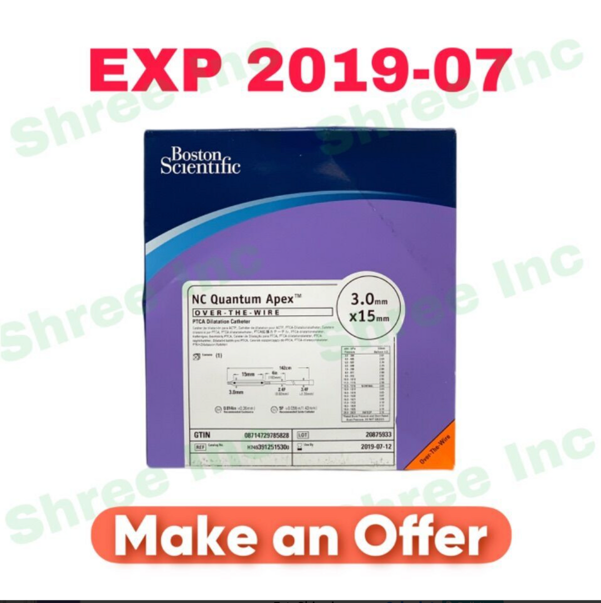 BOSTON SCIENTIFIC H7493912515300 NC Quantum Apex OVER-THE-WIRE PTCA Dilatation Catheter EXP 2019