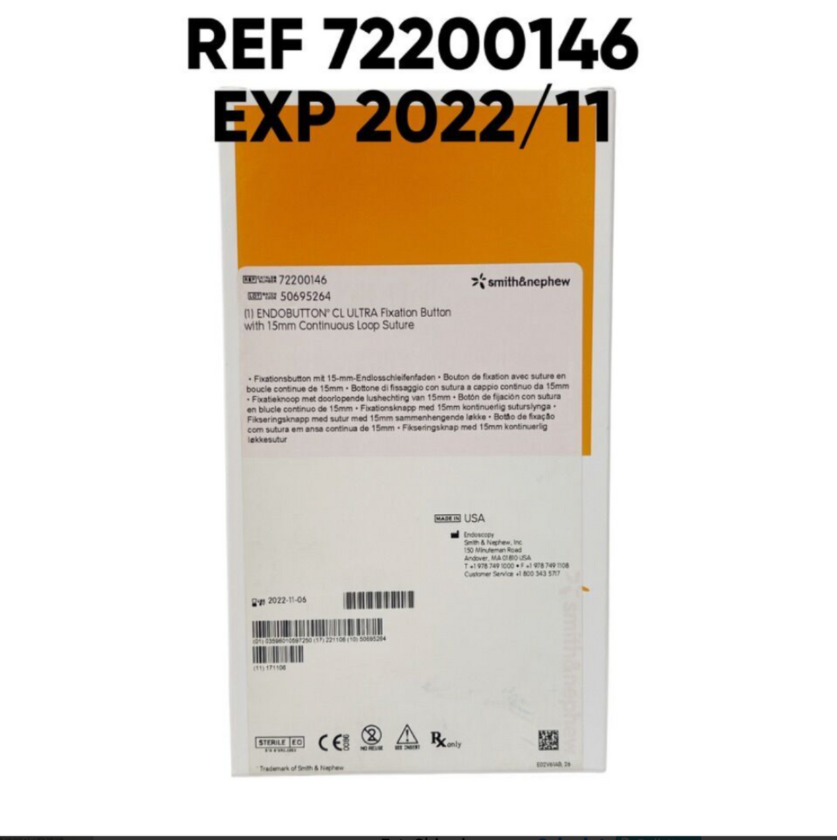 SMITH & NEPHEW 72200146 (1) ENDOBUTTON CL ULTRA Fixation Button with 15mm Continuous Loop Suture EXP 2022 11