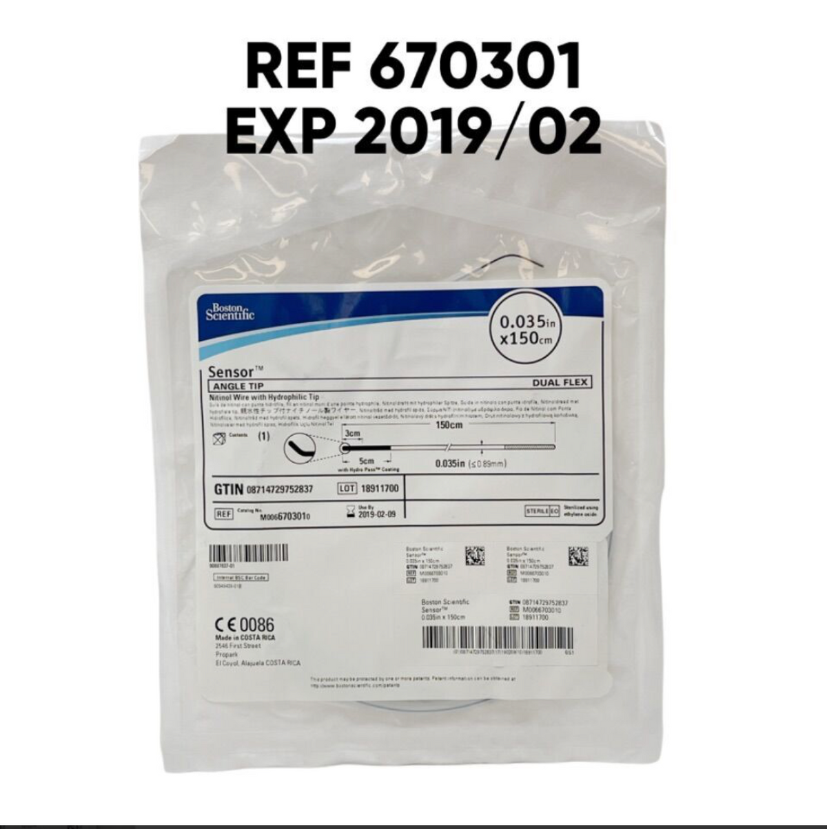 BOSTON SCIENTIFIC 670301 Sensor ANGLE TIP Nitinol Wire with Hydrophilic Tip GUIDEWIRE EXP 2019 02