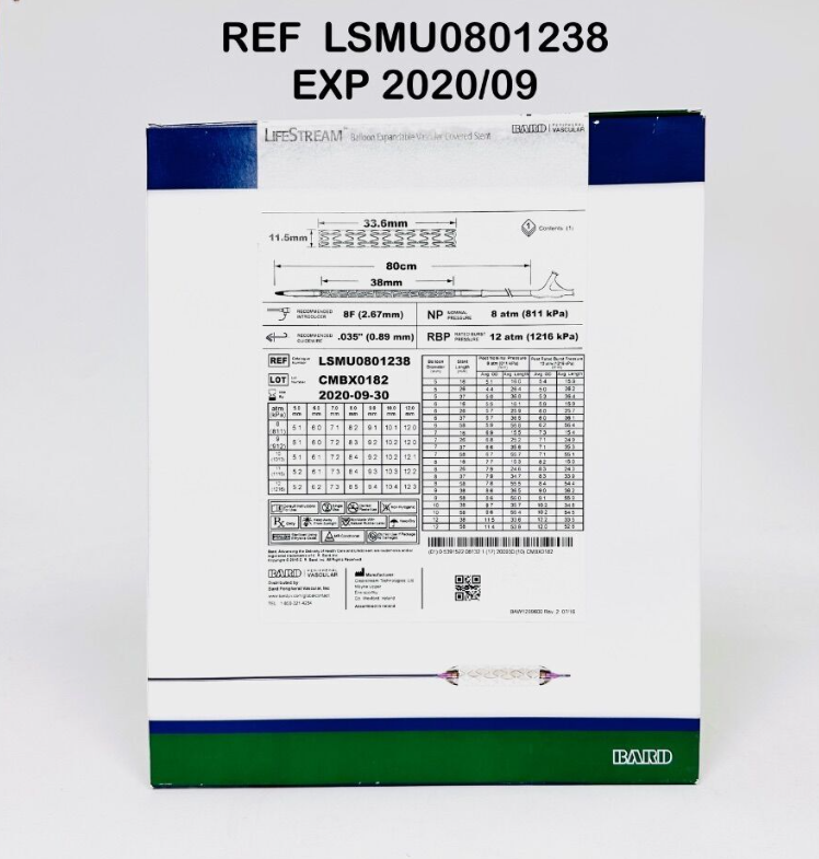 BARD LSMU0801238 LIFESTREAM Balloon Expandable Vascular Covered Stent 12mm X 38mm X 80cm EXP 2020 09