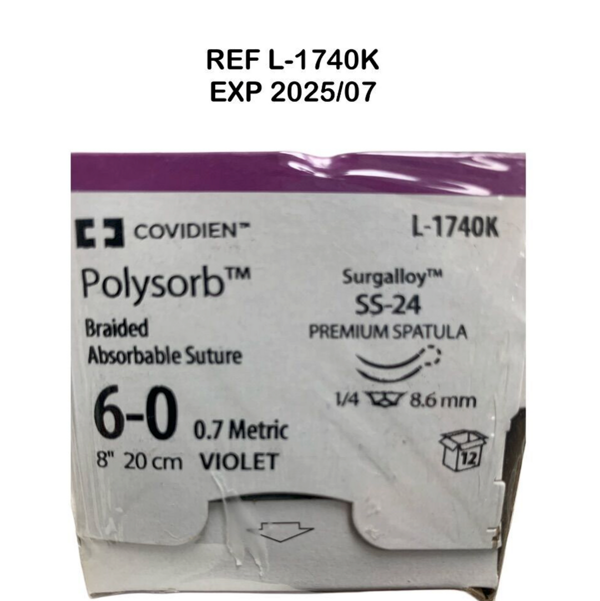 COVIDIEN L-1740K Polysorb Braided Absorbable Suture 6-0 0.7 Metic 8" 20 cm VIOLET EXP 2025 07