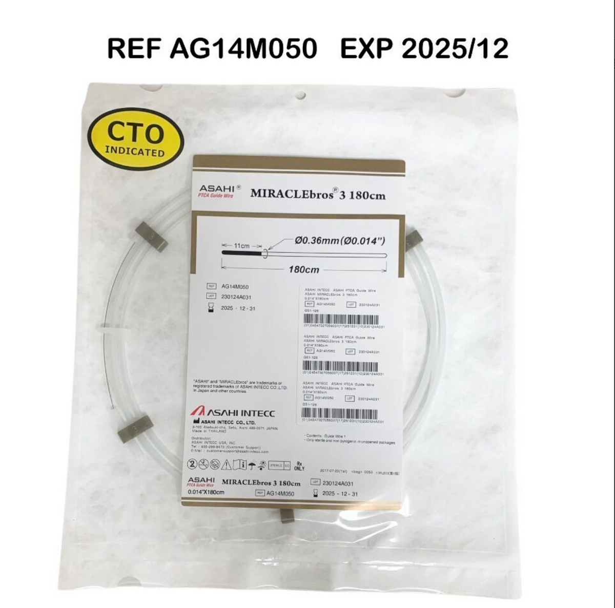 ASAHI INTECC AG14M050 PTCA Guide Wire ASAHI MIRACLEbros 3 180cm 0.014" X 180cm EXP 2025 12