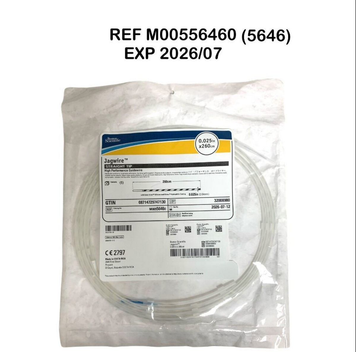 BOSTON SCIENTIFIC M00556460 (5646) Jagwire STRAIGHT TIP High Performance Guidewire 0.025in x 260cm EXP 2026 07