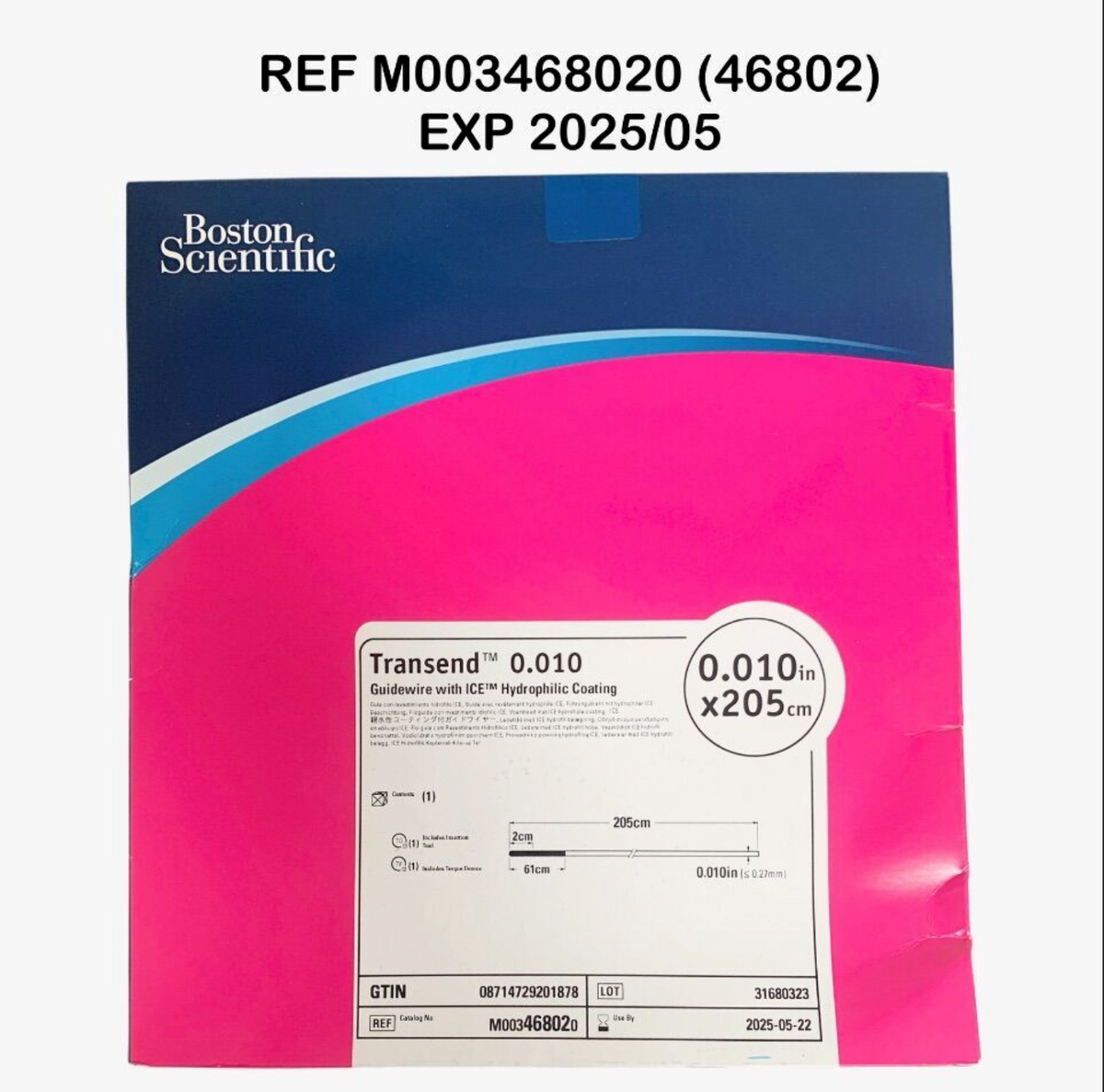BOSTON SCIENTIFIC M003468020 (46802) Transend 0.010 Guidewire with ICETM Hydrophilic Coating 0.010in x 205 cm EXP 2025 05