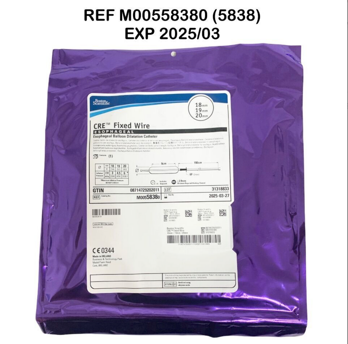 BOSTON SCIENTIFIC M00558380 (5838) CREM Fixed Wire ESOPHAGEAL Esophageal Balloon Dilatation Catheter 18mm / 19mm / 20mm EXP 2025 03