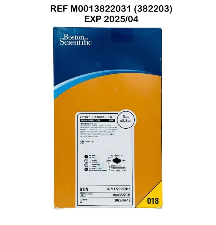 BOSTON SCIENTIFIC M0013822031 (382203) VortX Diamond  18 PUSHABLE COIL 5PK Fibered Platinum Coil 3mm x 3.3 mm EXP 2025 04
