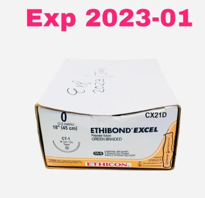 ETHICON CX21D Ethibond Excel 0 Suture Green Braided Polyester CT-1 Needle 18" 45cm Exp.2023 01