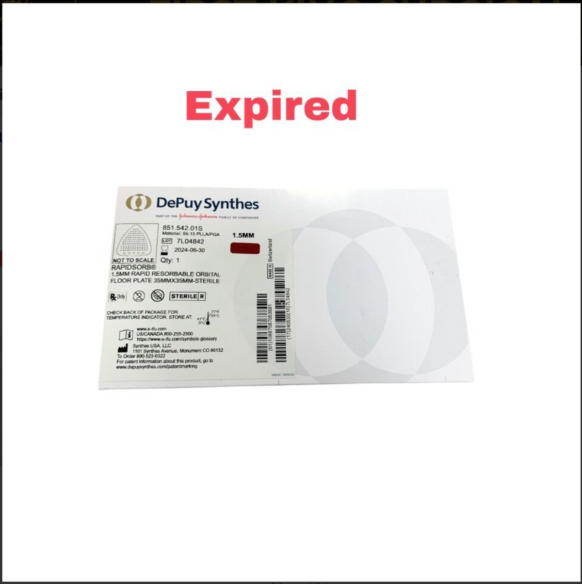 DEPUY 851.542.01S RAPIDSORB 1.5mm Resorbable Orbital Floor Plate 35×35mm Exp 2024 06