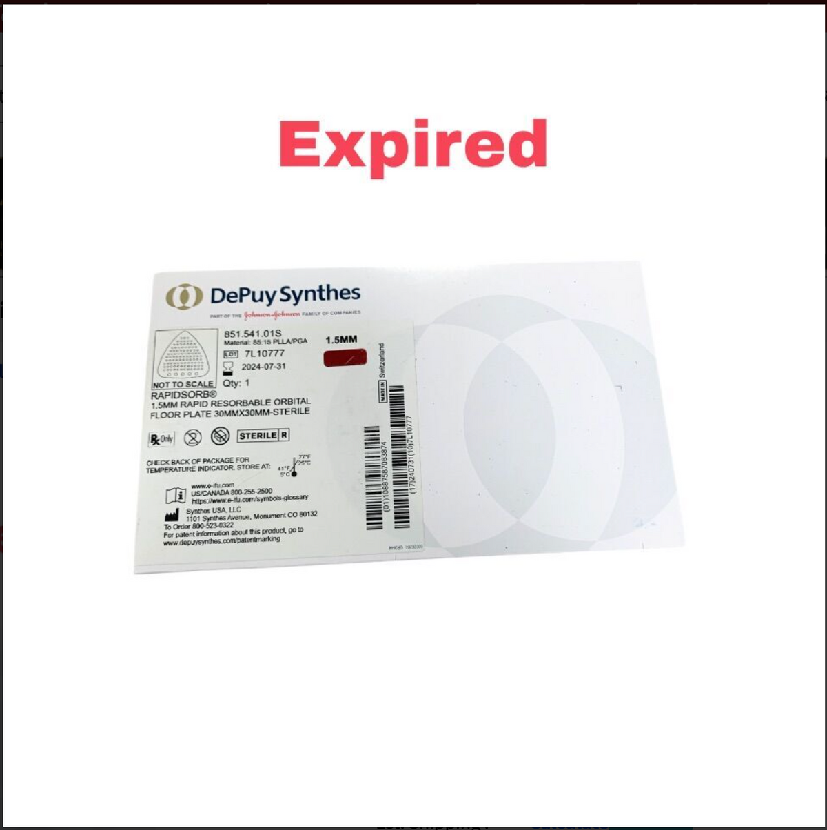 DEPUY 851.541.01S RAPIDSORB 1.5mm Resorbable Orbital Floor Plate 30mm x 30mm Exp 2024 07