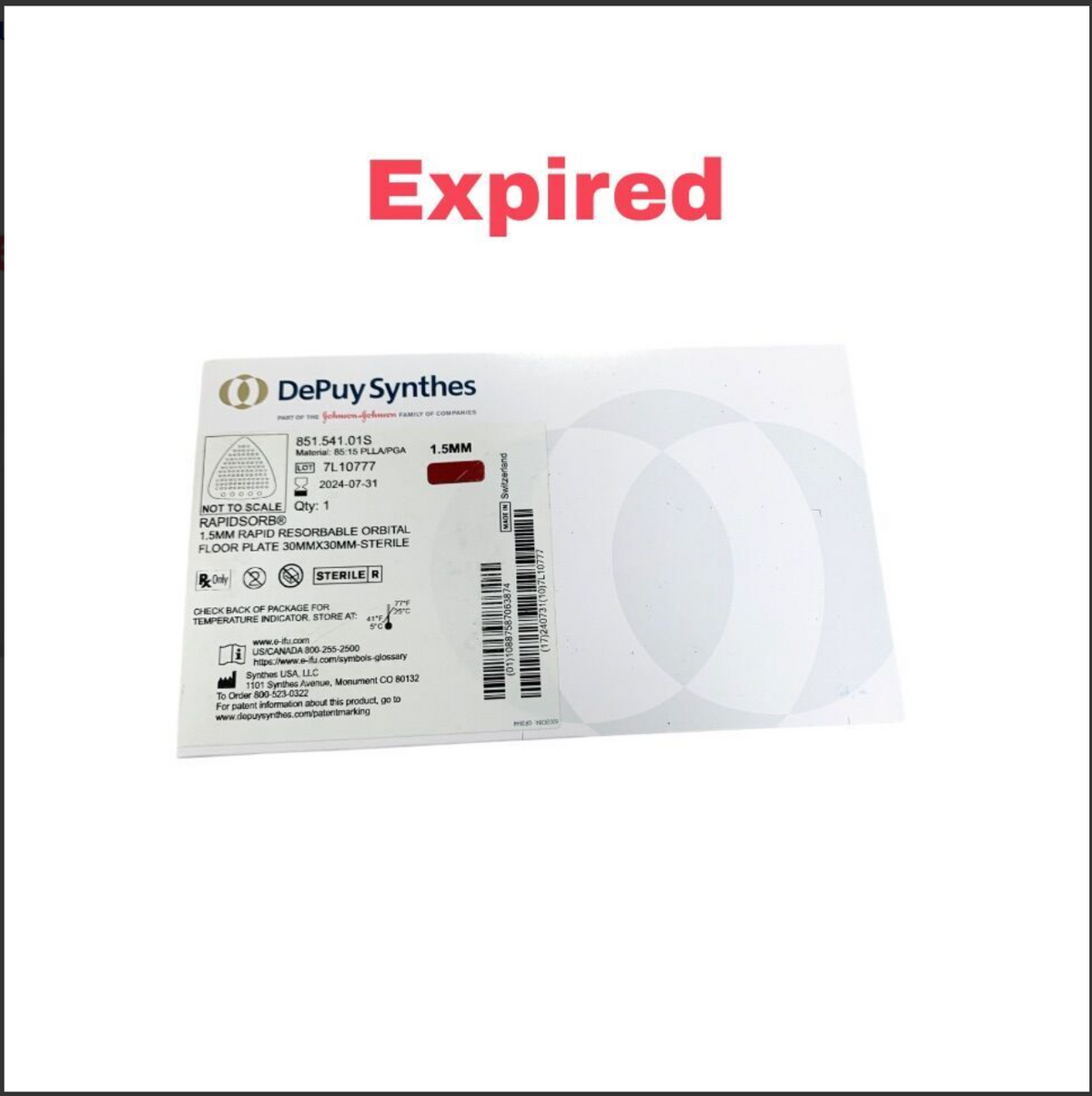 DEPUY 851.540.01S RAPIDSORB 1.5mm Rapid Resorbable Orbital Floor Plate 24mm x 24mm Exp 2024 08