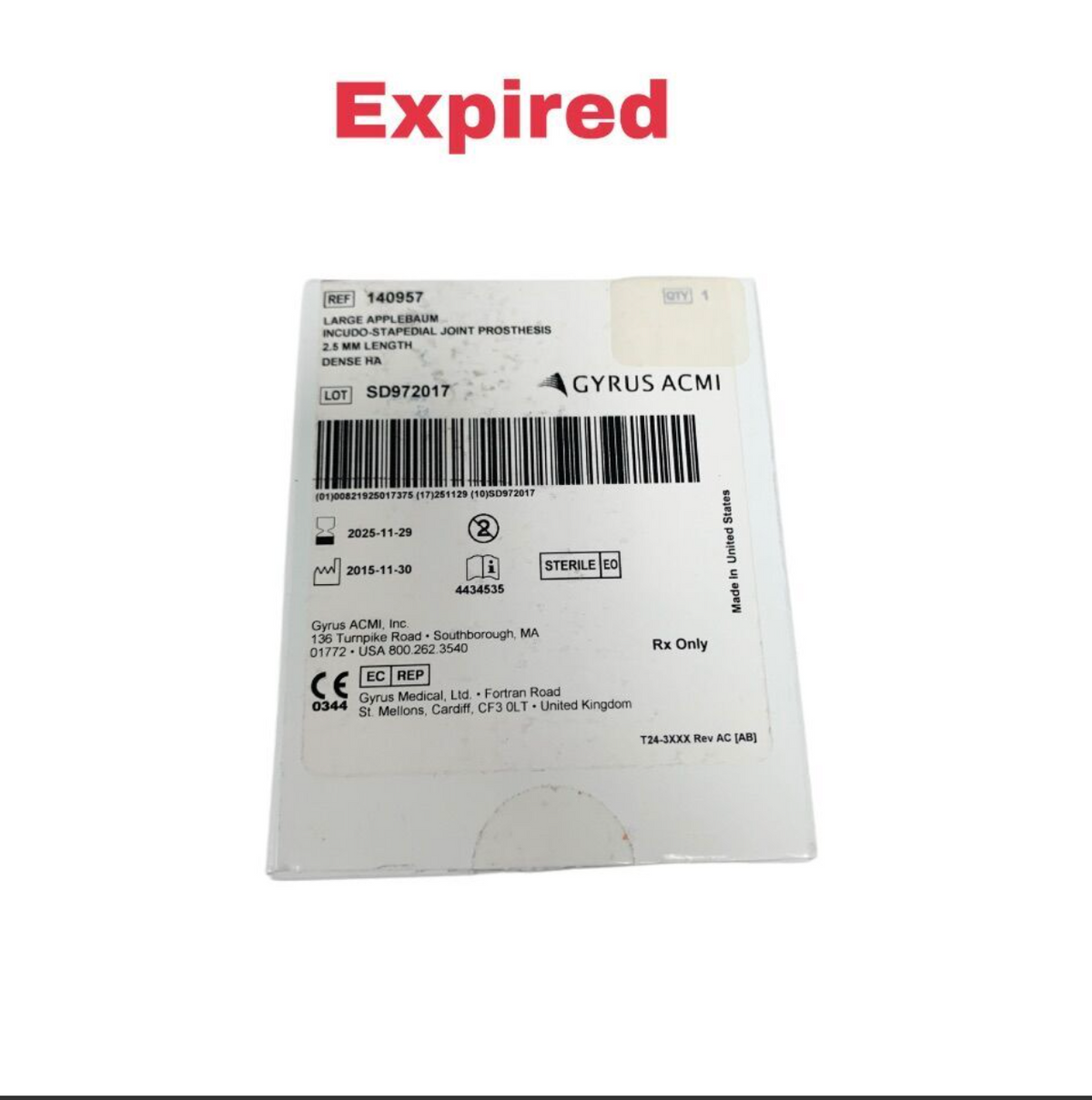GYRUS 140957 ACMI Large Applebaum Incudo-Stapedial Joint Prosthesis 2.5mm Dense HA Exp 2025 11