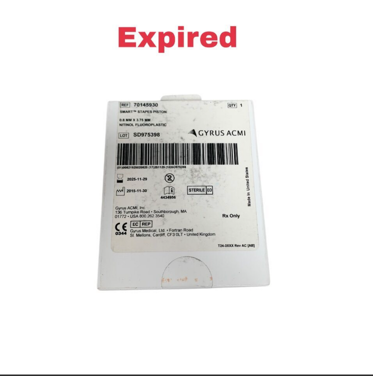 GYRUS ACMI 70145930 Smart Stapes Piston 0.8mm x 3.75mm Nitinol Sterile ENT Implant Exp 2025 11