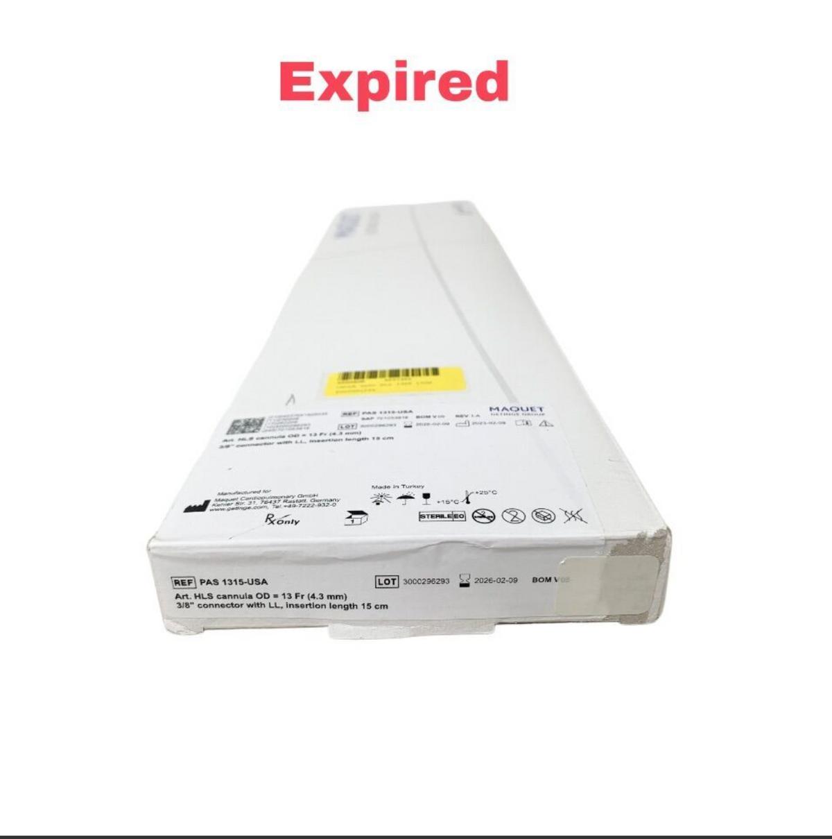 MAQUET PAS 1315-USA Getinge HLS Cannula 13 Fr 4.3mm OD 15cm Insertion Length 3/8" Connector Exp 2026 02