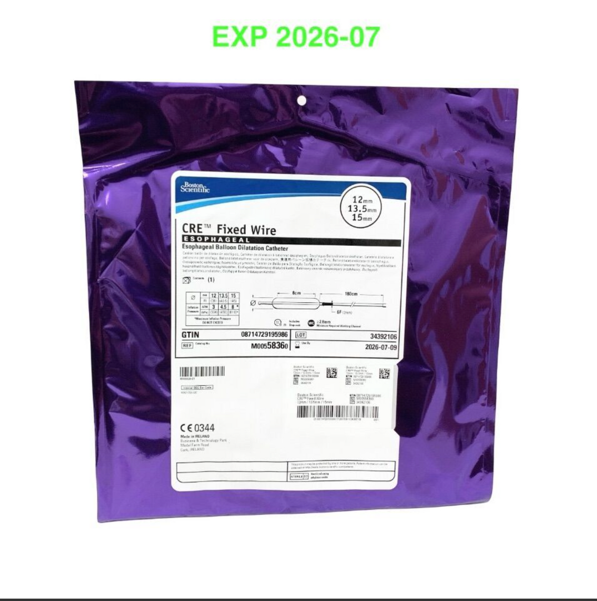 BOSTON SCIENTIFIC M00558360 CRE Fixed Wire Esophageal Balloon Dilatation Catheter 12-15mm Exp 2026 07