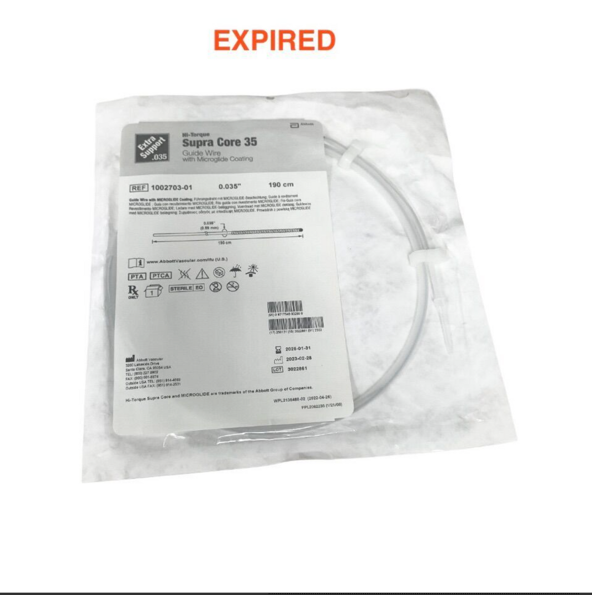 ABBOTT 1002703-01 Hi-Torque Supra Core 35 Guide Wire 0.035'' 190cm Extra Support Microglide EXP 2025 01