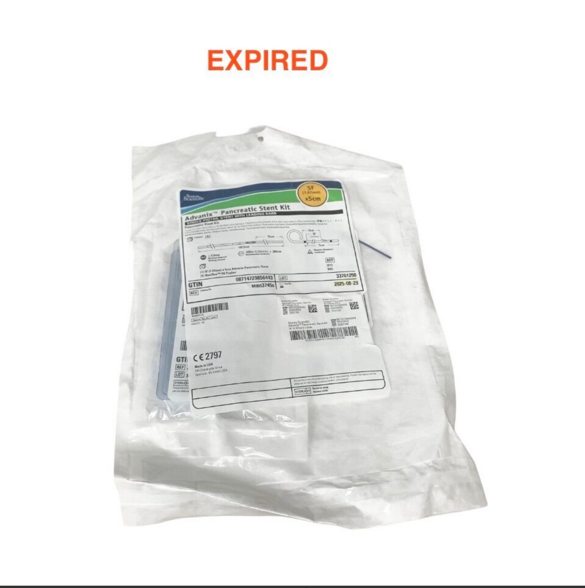 BOSTON SCIENTIFIC M00537450 Advanix Pancreatic Stent Kit Single Pigtail with Leading Barb 5F x 5cm Exp 2025 08