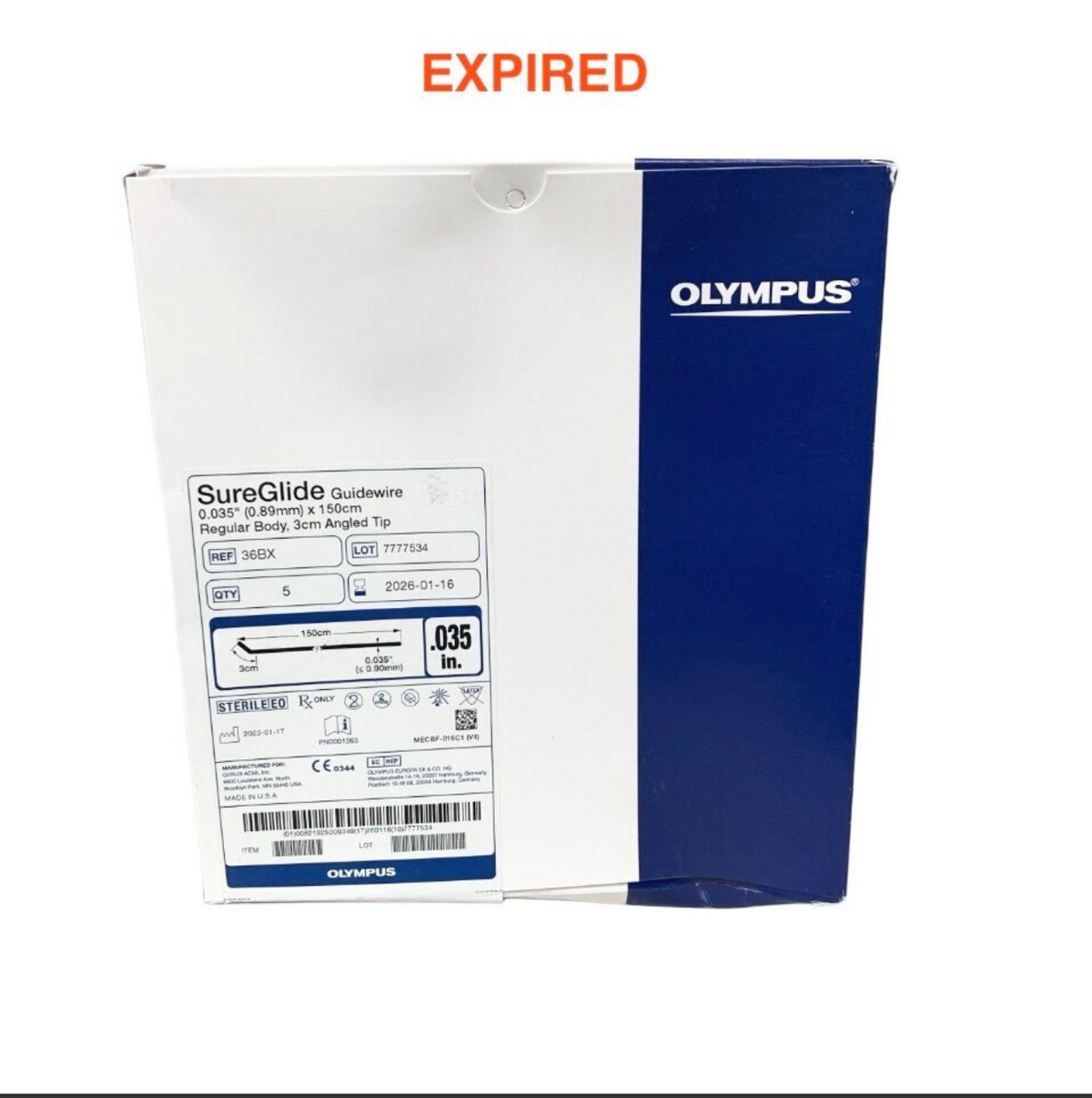 OLYMPUS 36BX SureGlide 0.035" x 150cm Guidewire 3cm Angled Tip Regular Body Sterile Exp 2026 01