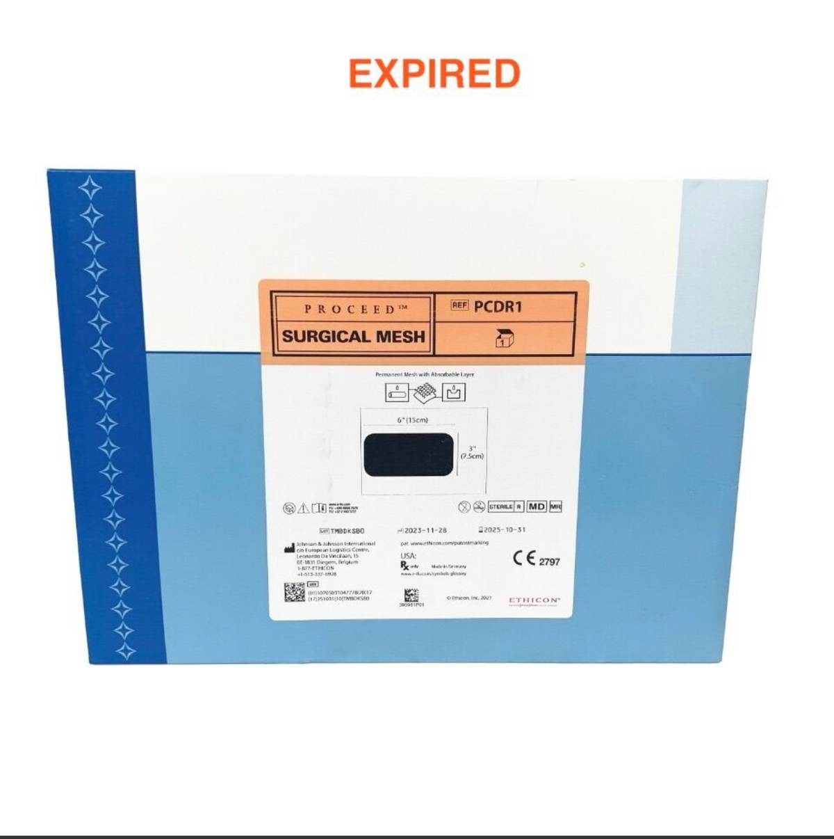 JOHNSON & JOHNSON PCDR1 SURGICAL MESH 6" X 3" (15CM X 7.5CM) PERMANENT MESH WITH ABSORBABLE LAYER STERILE EXP 2025 10