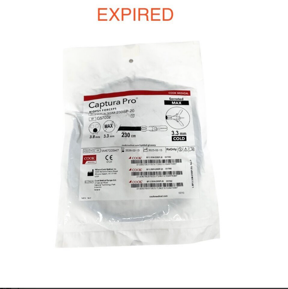 COOK MEDICAL G57002 Captura Pro Biopsy Forceps 230cm 3.3mm Serrated MAX Endoscopy Tool EXP 2026 02