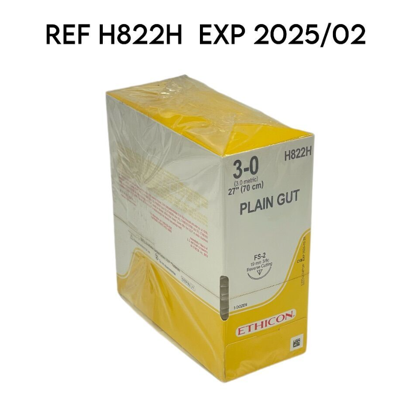 ETHICON H822H PLAIN GUT 3-0 H822H (3.0 metric) 27" (70 cm) FS2 19 mm 3 8c Reverse Cutting(3 DOZEN) EXP 2025 02