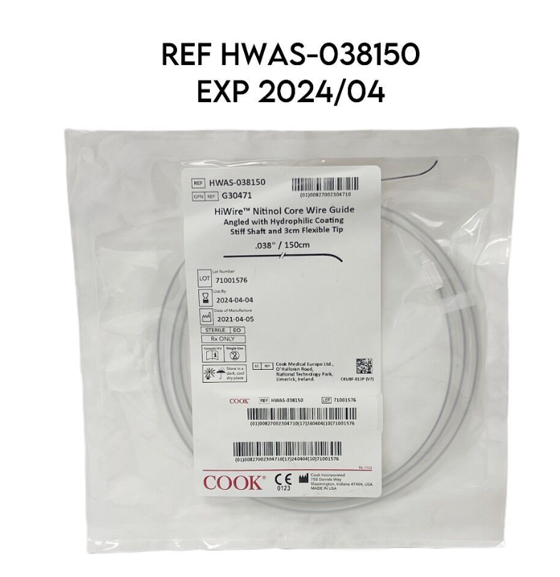 COOK MEDICAL HWAS-038150 HIWIRE NITINOL GUIDE WIRE STIFF ANGLED: 0.038" X 150CM EXP 2024 04