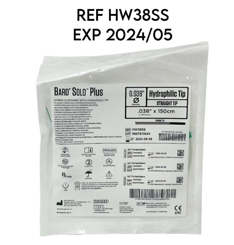 BARD HW38SS SOLO PLUS HYBRID PTFE GUIDEWIRE STIFF HYDROPHILIC STRAIGHT 0.038" EXP 2024 05