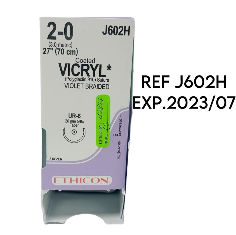 ETHICON J602H Coated VICRYL (Polyglactin 910) Suture VIOLET BRAIDED 2 0 (3.0 metric) 27" (70 cm) 23/BOX, EXP 2023 07
