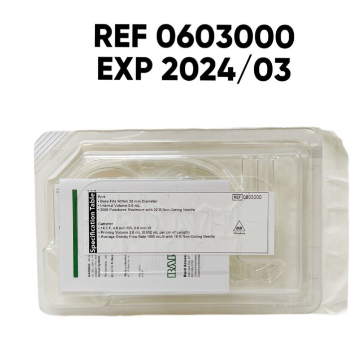 BARD 0603000 BardPort Titanium Implantable Port With Attachable 14.3 F Open Ended Single Lumen Peritoneal Catheter EXP 2024 03