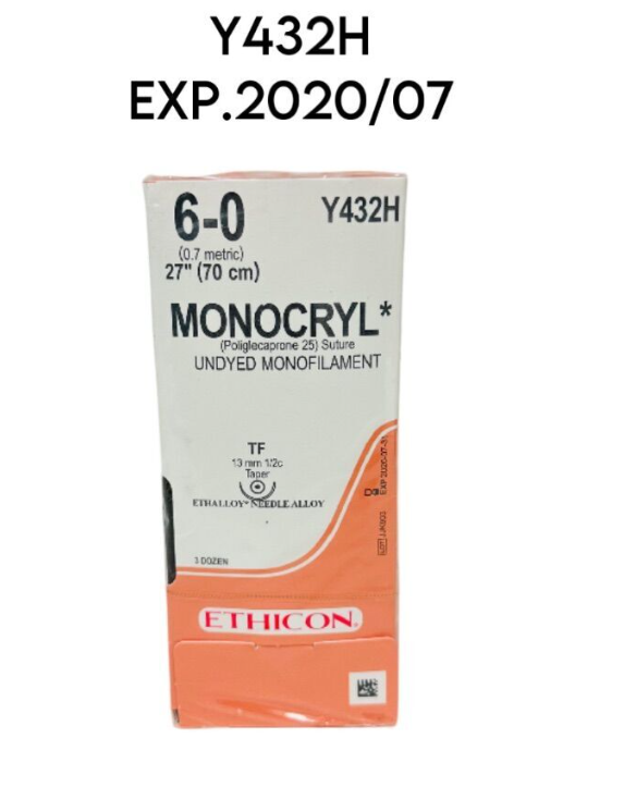 ETHICON Y432H MONOCRYL Suture UNDYED MONOFILAMENT SIZE 6-0, 27" 36/BOX EXP.2020 07