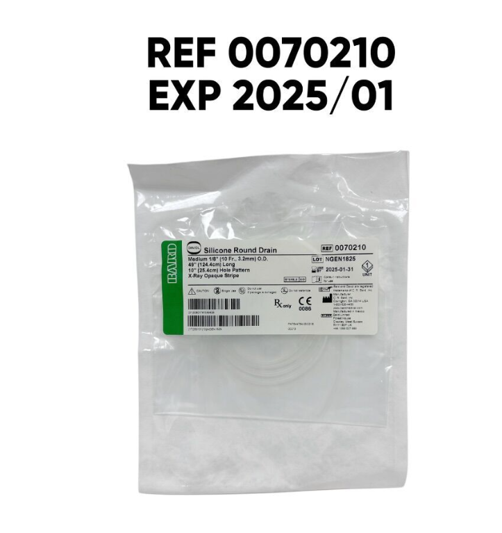 BARD 0070210 Silicone Round Drain X-Ray Opaque Stripe 49" Long 10" Hole Pattern EXP 2025 01