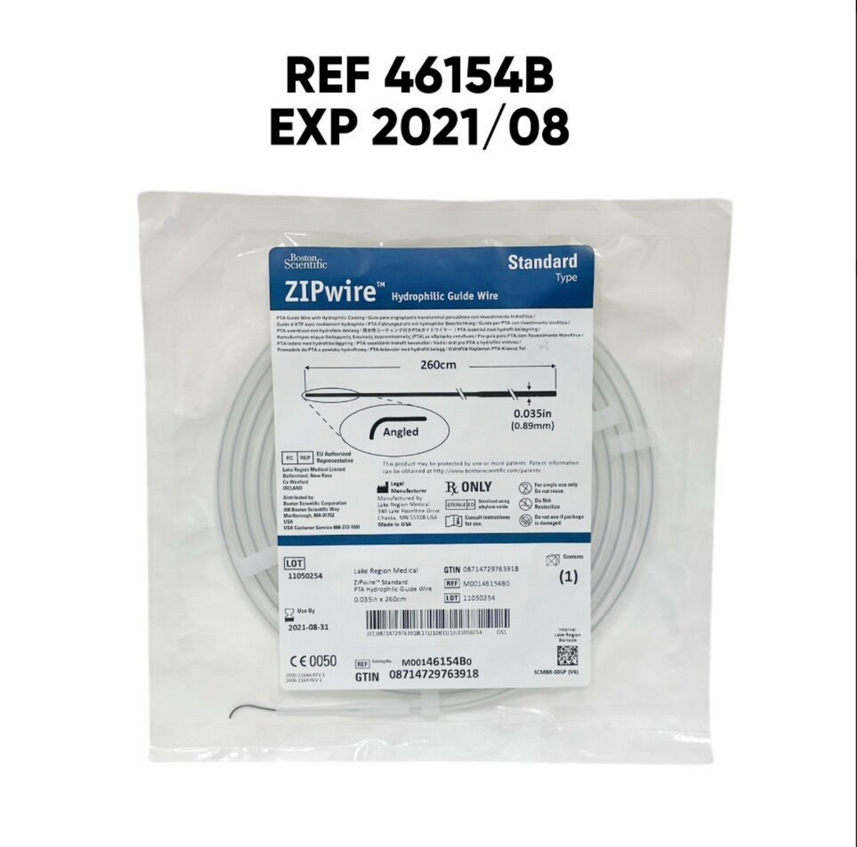 BOSTON SCIENTIFIC M00146154B0 ZiPwire Standard PTA Hydrophilic Guide Wire 260cm X 0.035in EXP 2021 08
