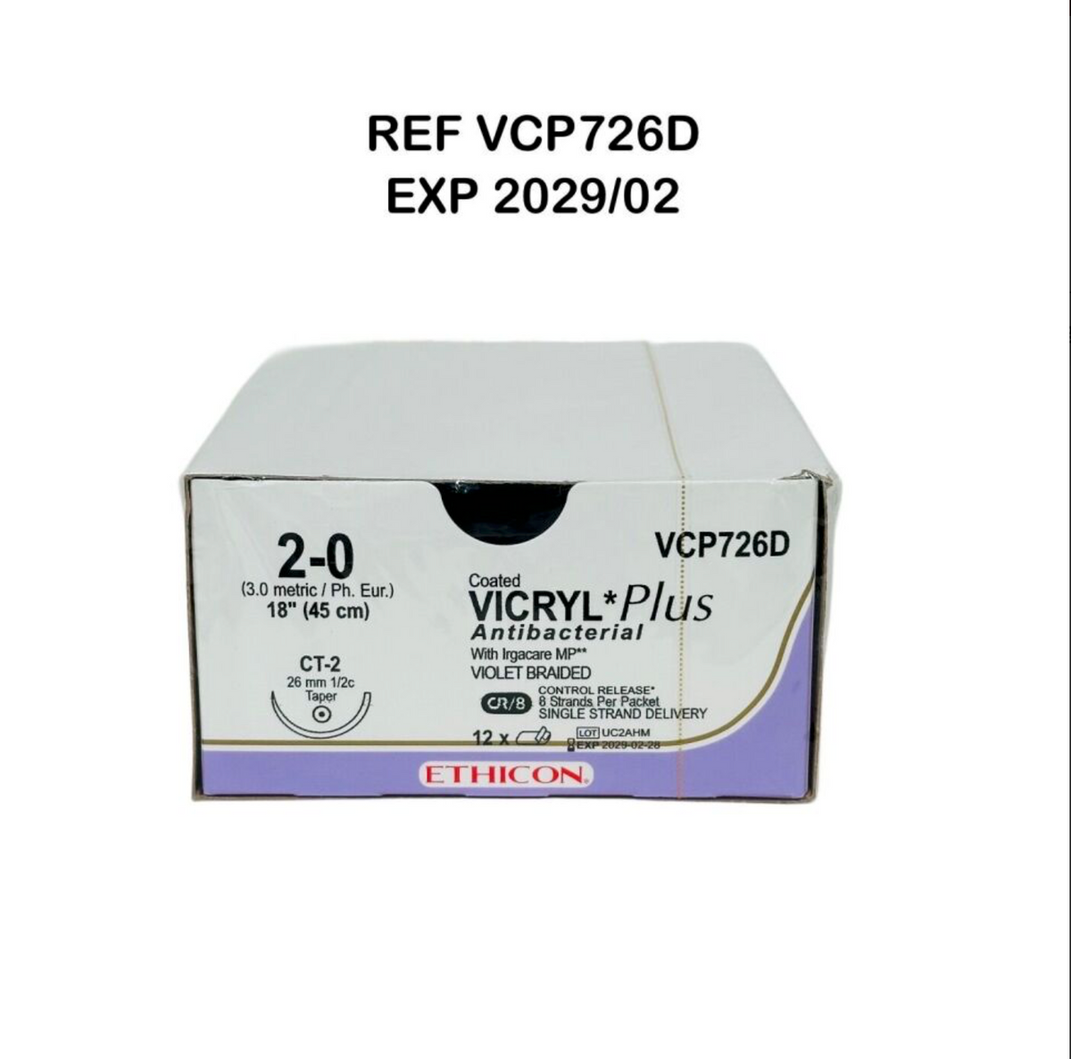 ETHICON VCP726D COATED VICRYL PLUS VIOLET 2 0 18 CT 2 12/BOX EXP 2029 02