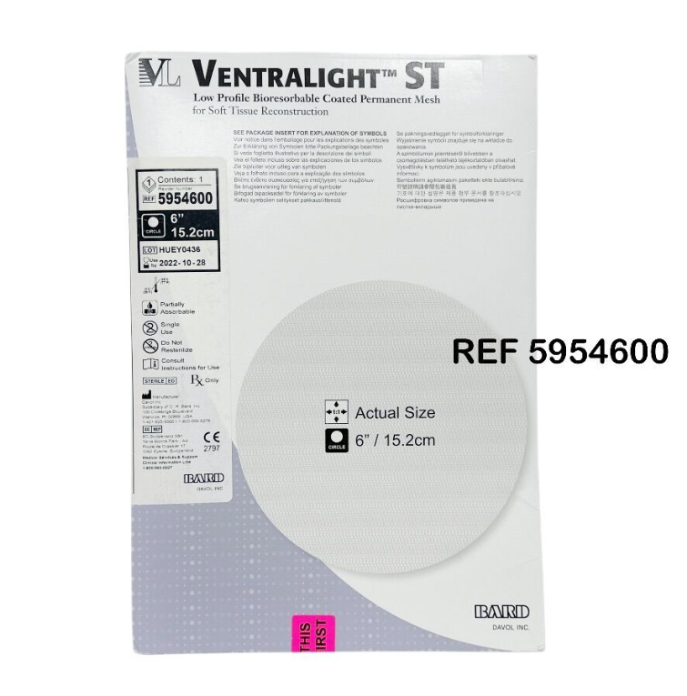BARD 5954600 VENTRALIGHT ST Low Profile Bioresorbable Coated Permanent Mesh Actual Size 6"  15.2cm EXP 2022 10
