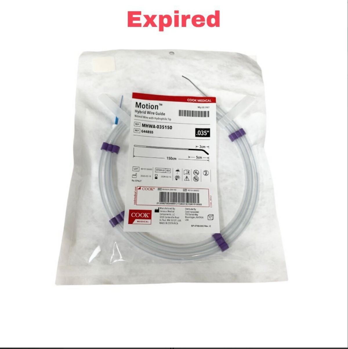 COOK MEDICAL MHWA-035150 Motion Hybrid Wire Guide .035" x 150cm Nitinol Hydrophilic Tip Exp 2026 02