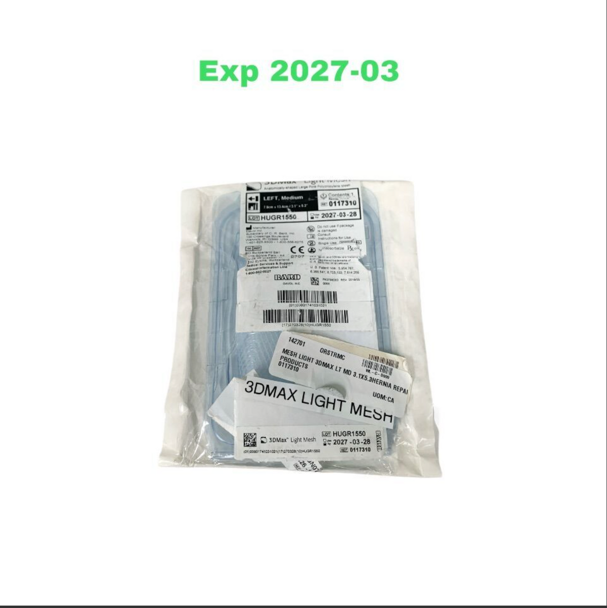 BARD 0117310 3DMax Light Mesh Left Medium 7.9 x 13.4cm Polypropylene Hernia Repair Surgical Implant EXP 2027 03