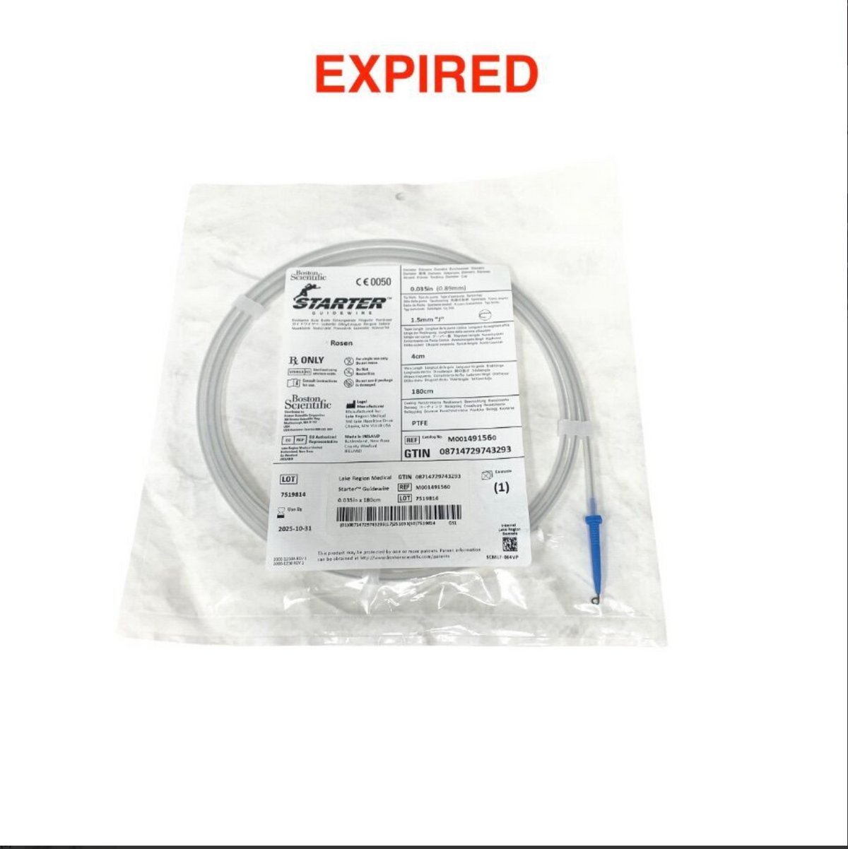 BOSTON SCIENTIFIC M001491560 Starter Guidewire 0.035in 180cm PTFE J Tip EXP 2025 10