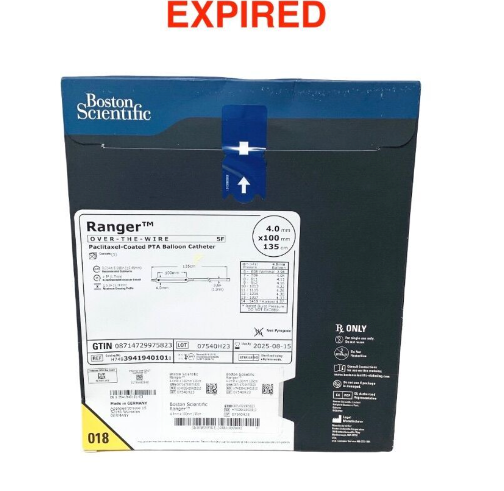 BOSTON SCIENTIFIC H74939419401010 Ranger Paclitaxel Coated PTA Balloon 4mm x 100mm 135cm 5F EXP 2025 08