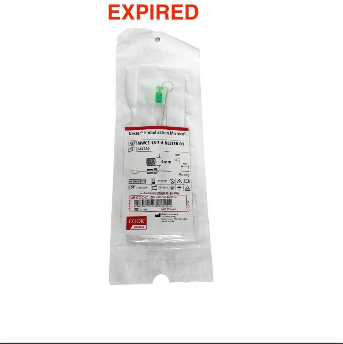 COOK MEDICAL MWCE-18-7-4-NESTER-01 / G47339 Nester Embolization Microcoil 4mm x 7cm .018" EXP 2025 08